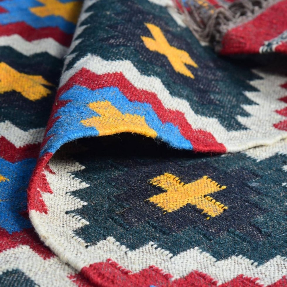 Aztekischer Kelimteppich aus Wolle und Jute – Bild 5