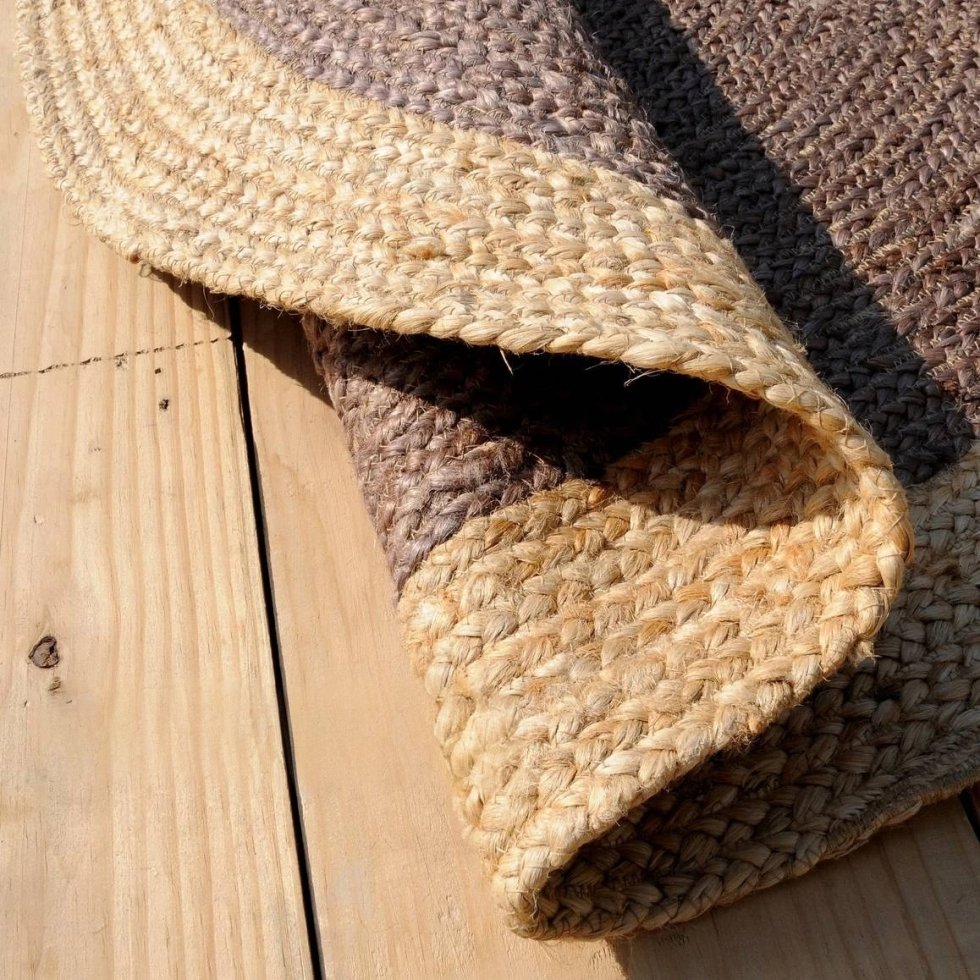 Schokoladenbrauner runder Juteteppich mit beiger Bordüre – Bild 3
