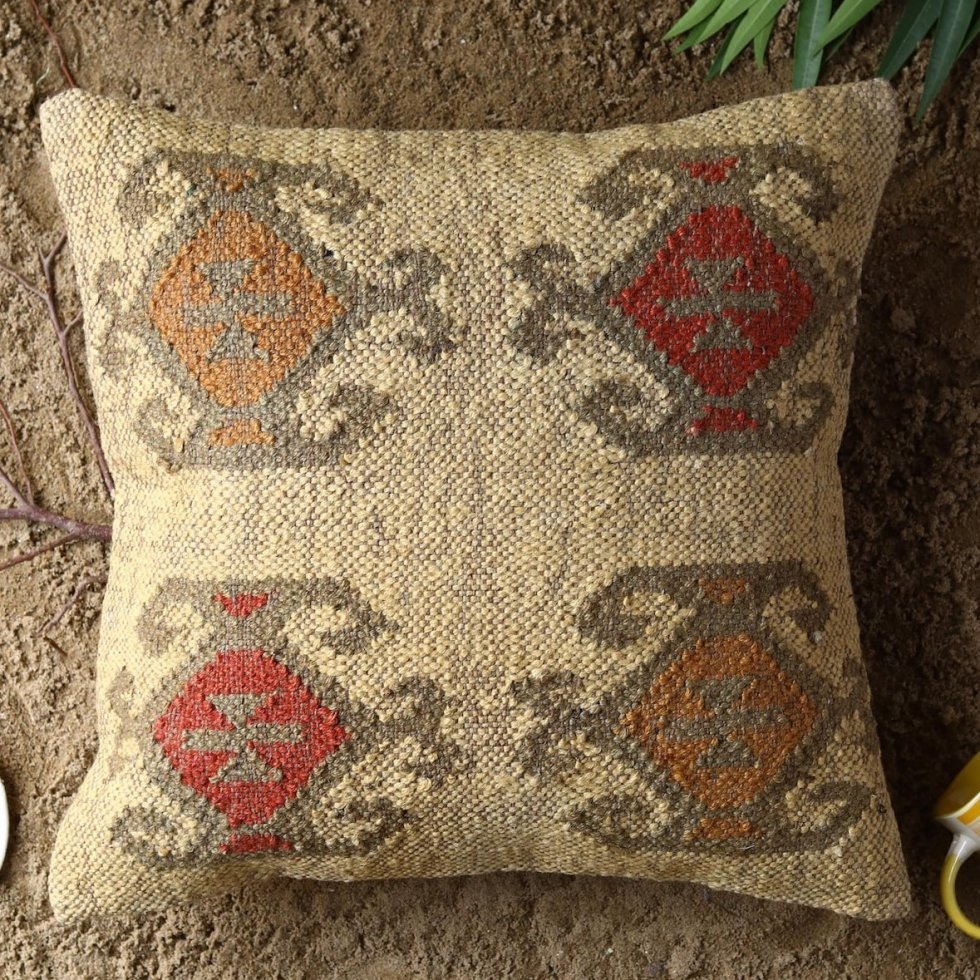 Elfenbeinfarbenes Kissen aus Navajo-Wolle und Jute