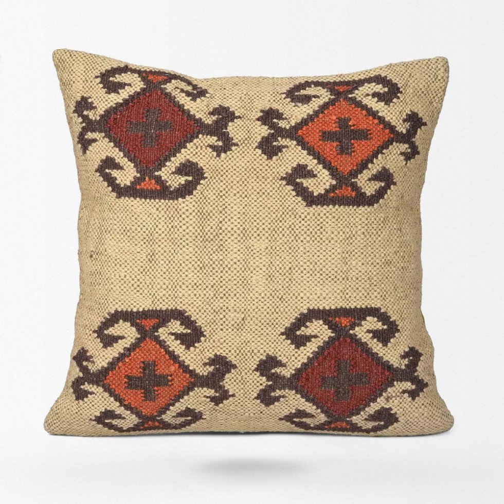 Elfenbeinfarbenes Kissen aus Navajo-Wolle und Jute – Bild 2
