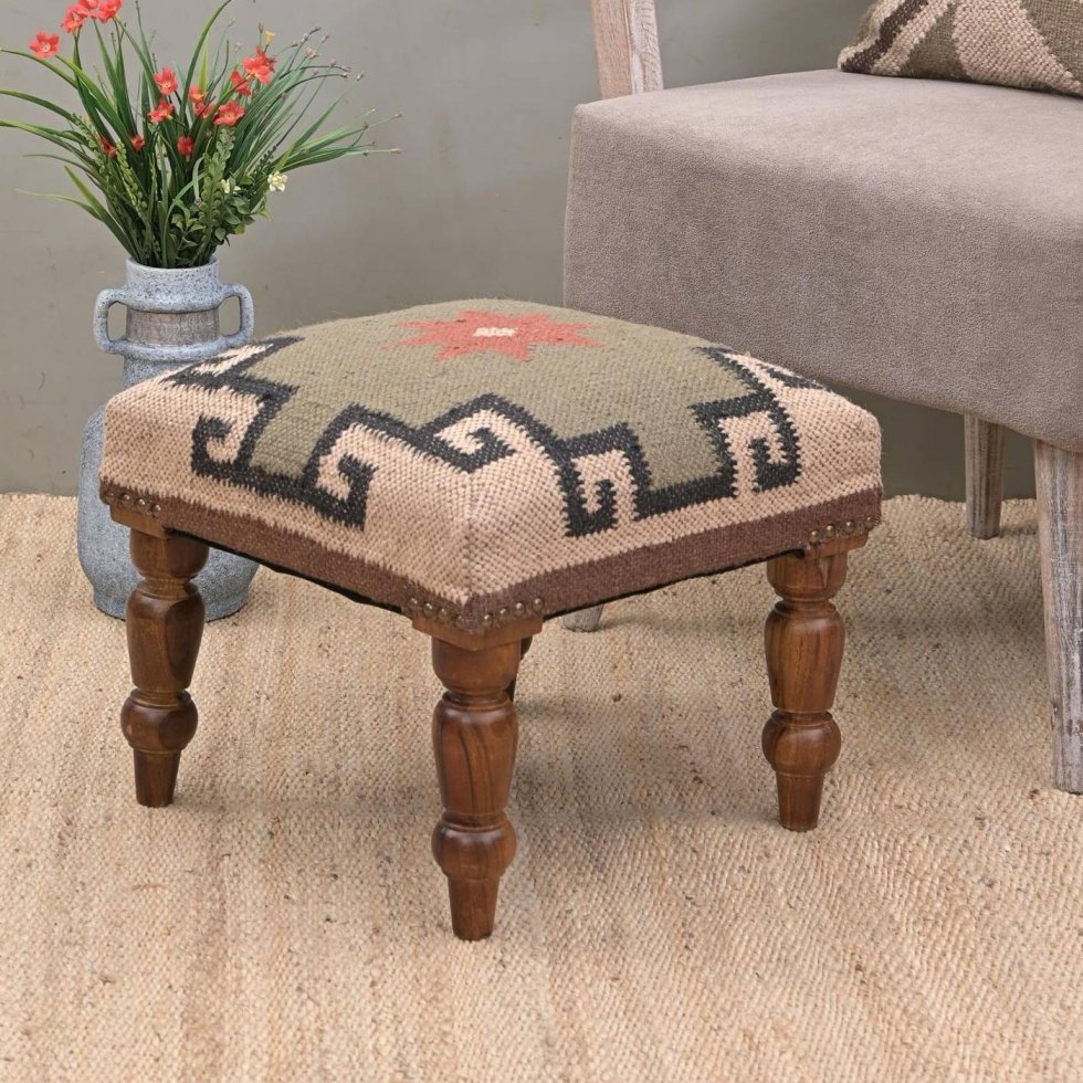 Elfenbeinfarbener, verzierter Hocker aus Jute