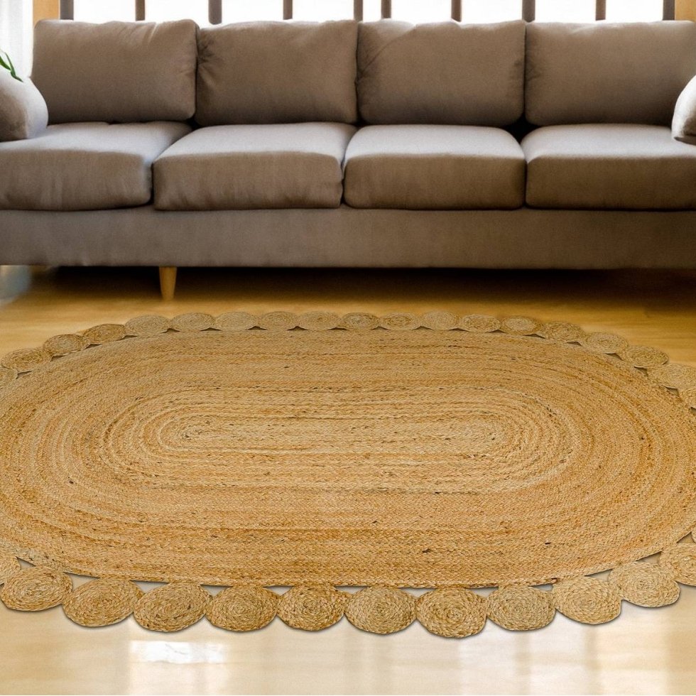 Natürlicher ovaler Teppich aus Jute mit Wellenschliff