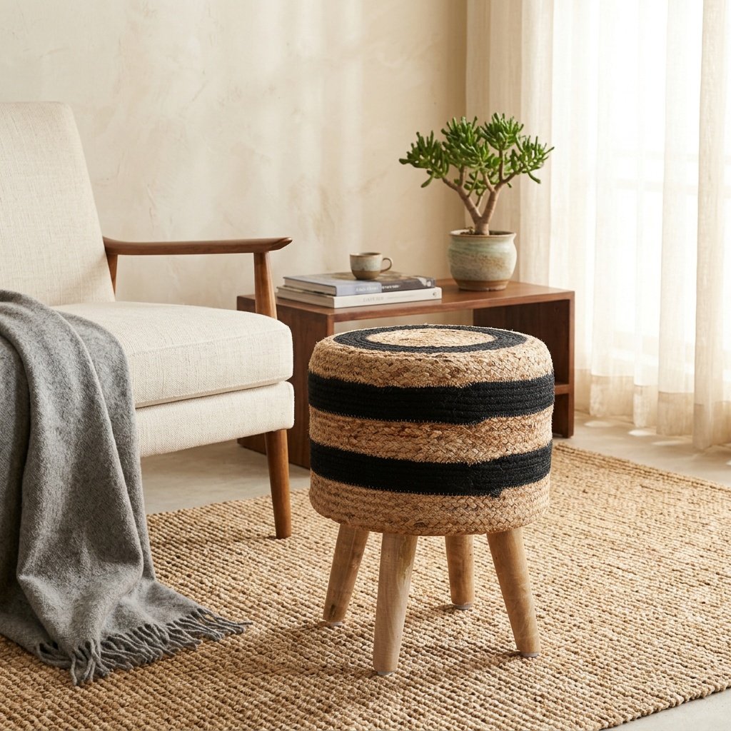 Geflochtene Ottomane aus schwarzer und natürlicher Jute Black and natural braided jute ottoman