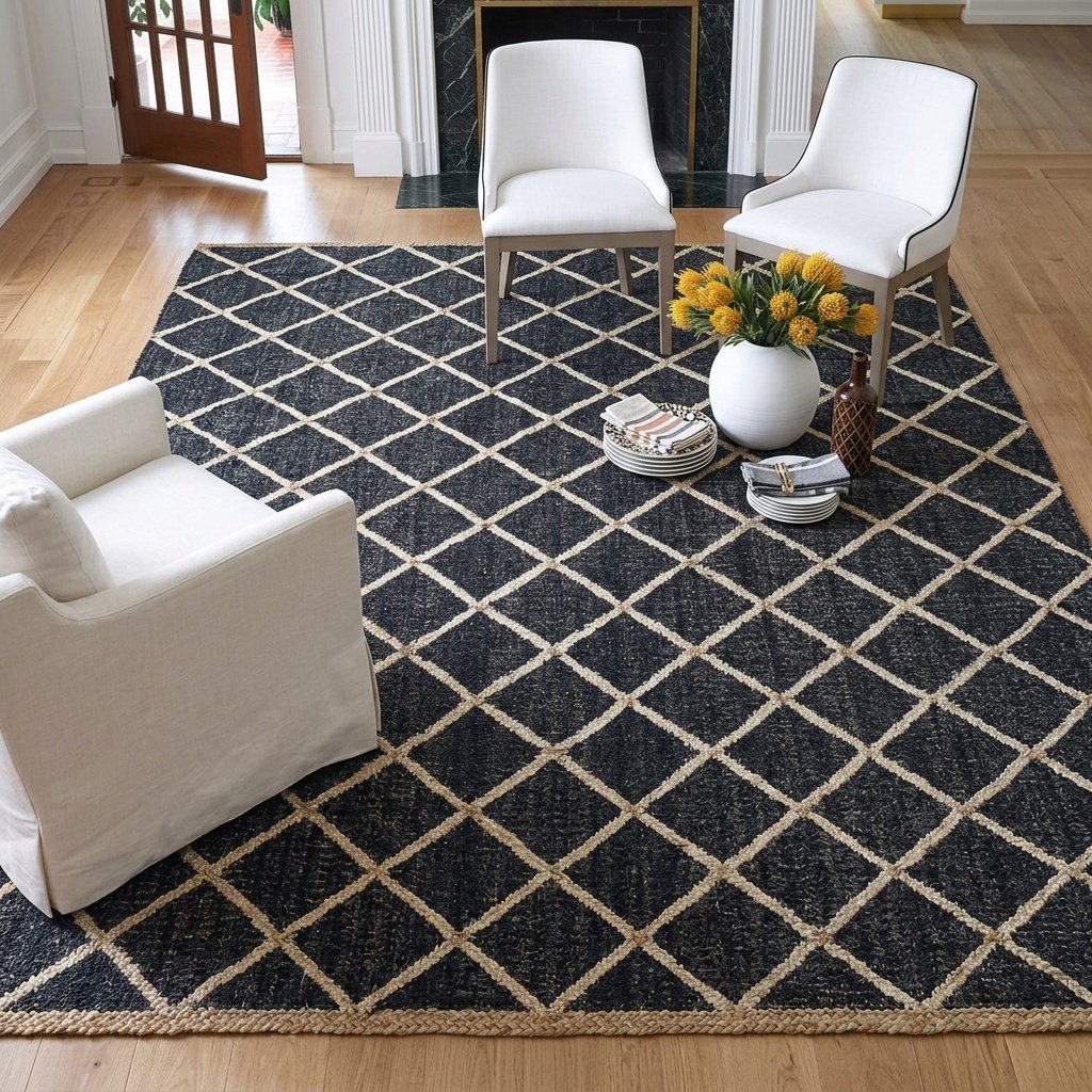 Schwarzer Jute-Baumwollteppich mit Diamanten Black diamond cotton jute area rug