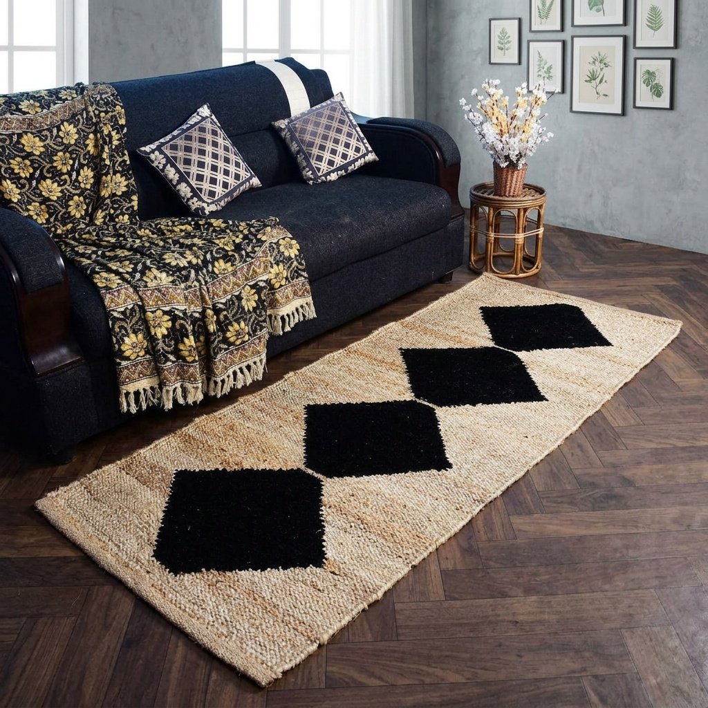 Schwarzer Diamant Teppich aus Hanf und Jute Black diamond hemp jute rug