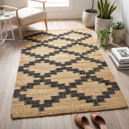 Black geometric woven hemp jute rug