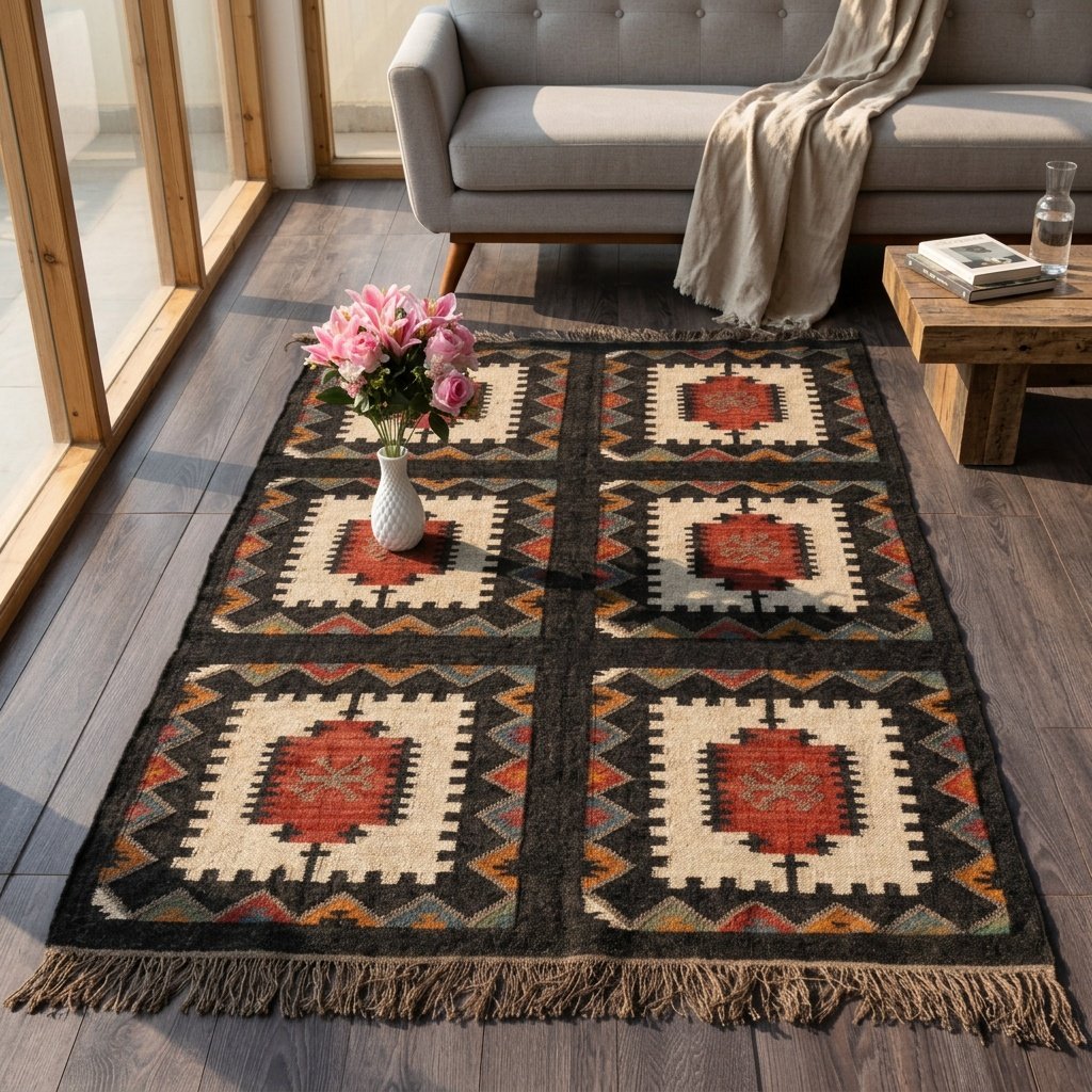 Schwarzer Kelimteppich aus Wolle und Jute Black wool and jute kilim rug