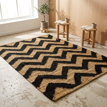 Black zig zag hemp jute rug