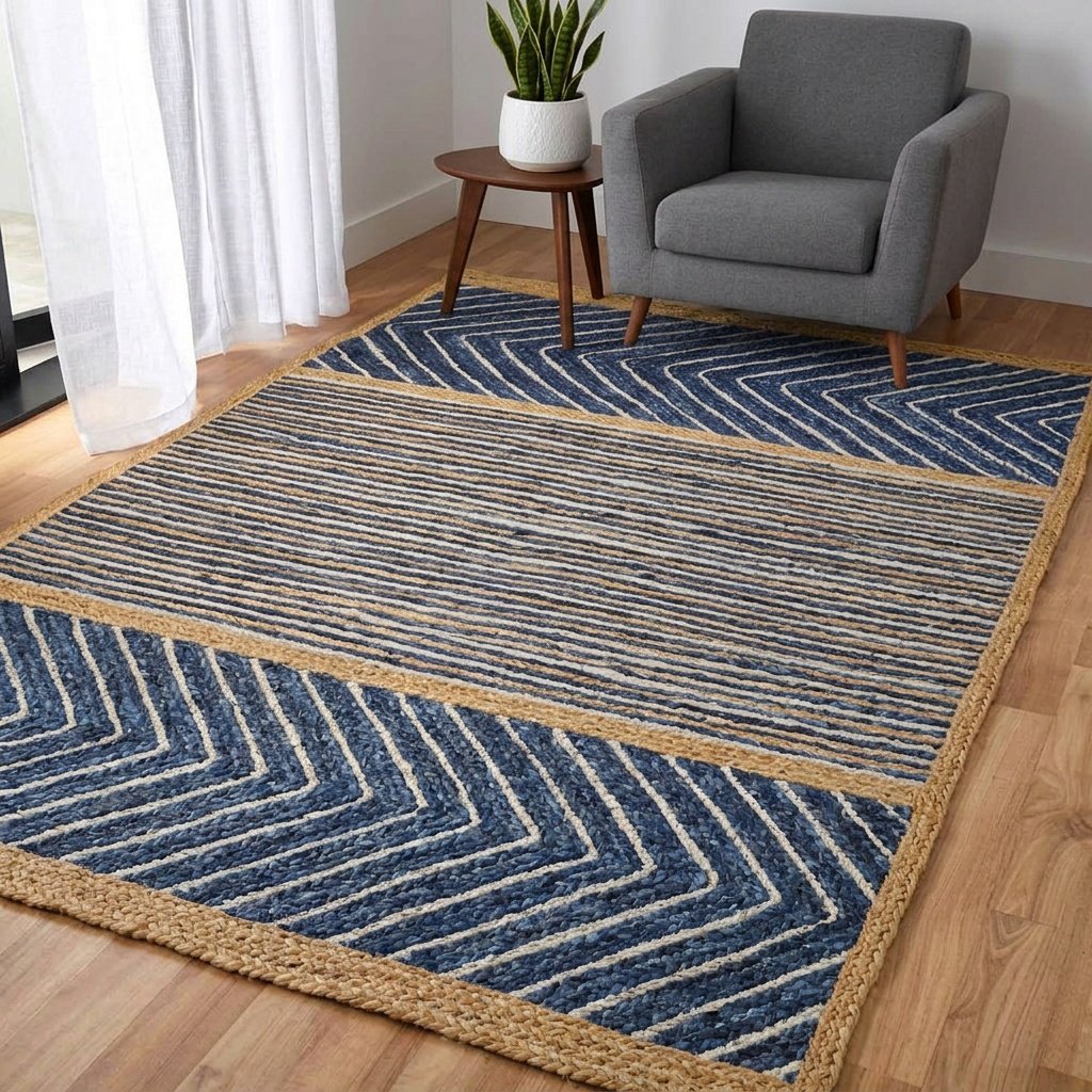 Geflochtener blauer Chevron und gestreifter Juteteppich Braided blue chevron and striped jute rug