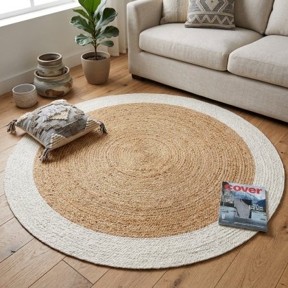 Braided white border round jute rug