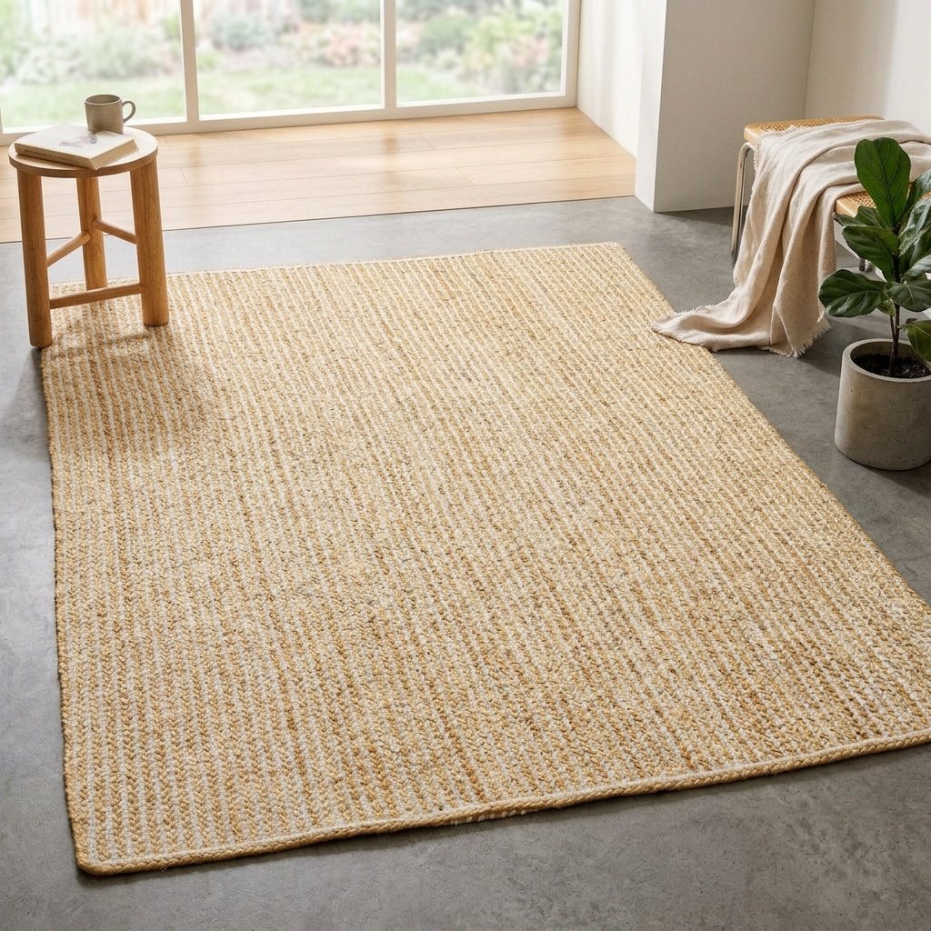 Geflochtener weiß gestreifter Jute-Teppich Braided white striped jute area rug