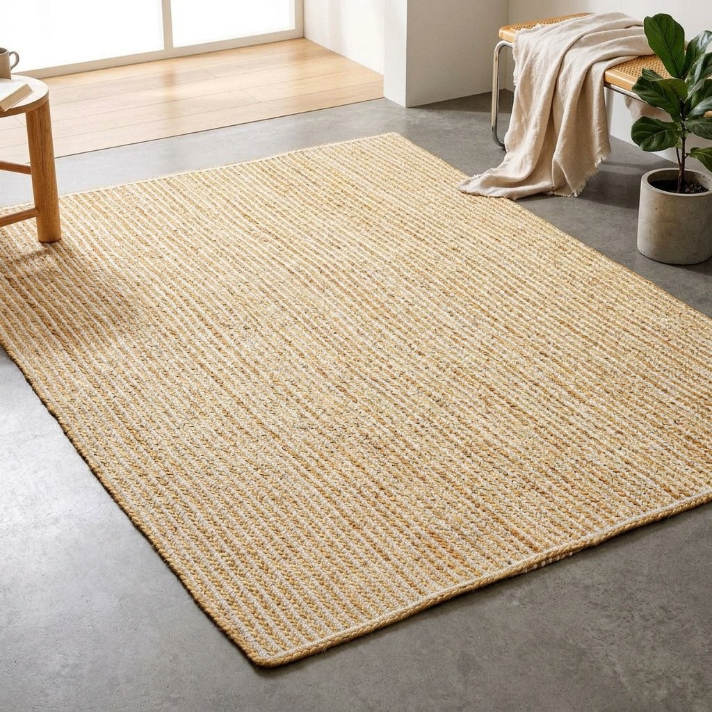 Geflochtener weiß gestreifter Jute-Teppich Braided white striped jute area rug