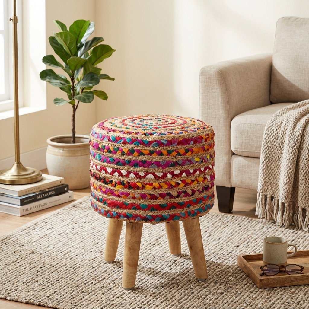 Bunte geflochtene Chindi Jute Hocker Ottomane Colorful braided chindi jute pouf ottoman