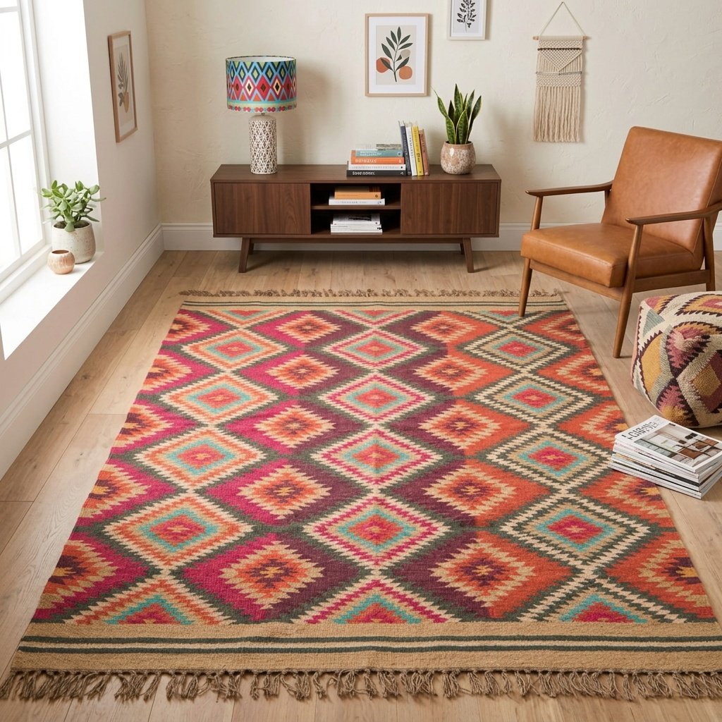 Teppich aus Wolle und Jute mit farbigen Diamanten Coloured diamond wool and jute rug