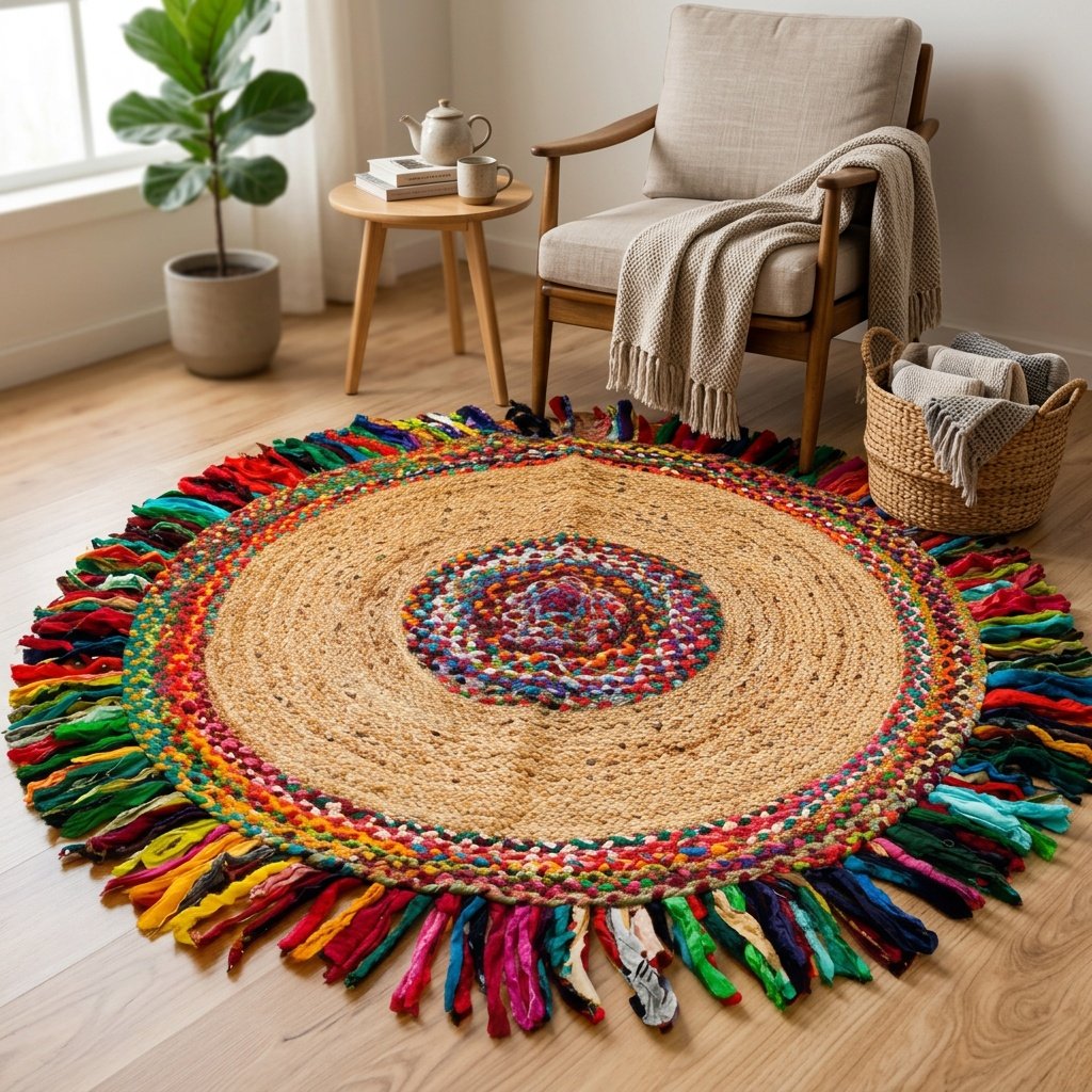 Runder Jute-Teppich aus Baumwolle mit mehrfarbigen Quasten Cotton jute rug round with multicolor tassels