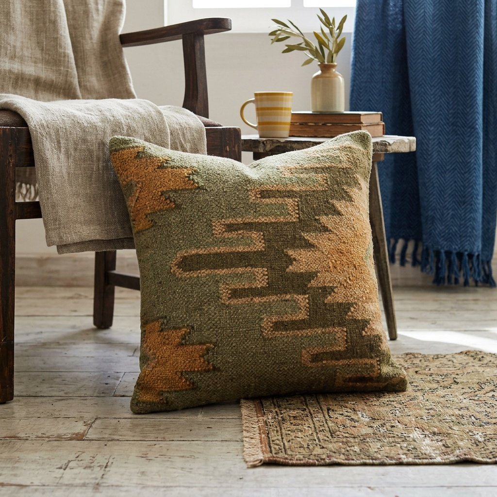 Grüne Kissen aus orientalischer Wolle und Jute Green oriental wool and jute pillows