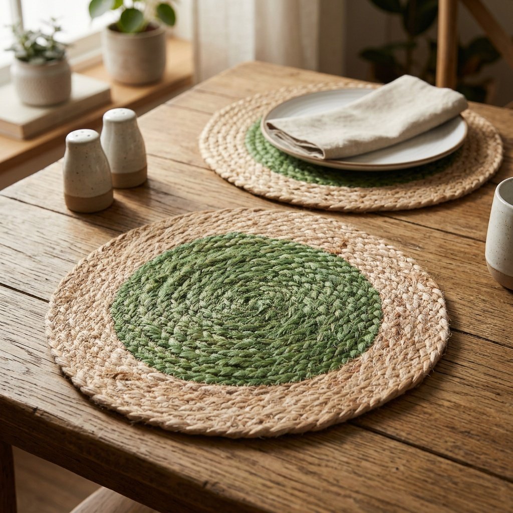 Grüne runde Jute-Tischsets Green round jute placemats