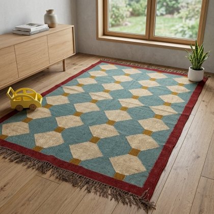 Green woven wool and jute rug