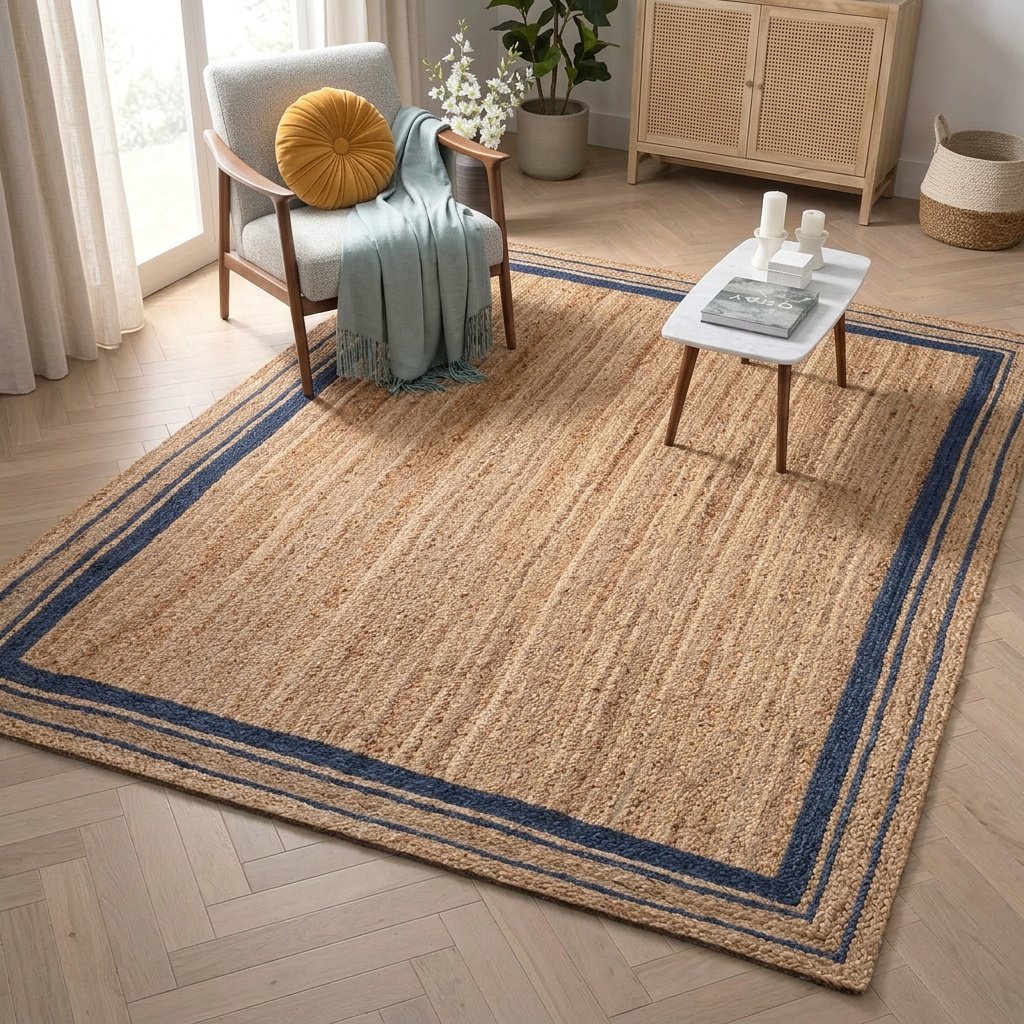 Jute-Teppiche mit marineblauem Rand Jute area rugs with navy trim