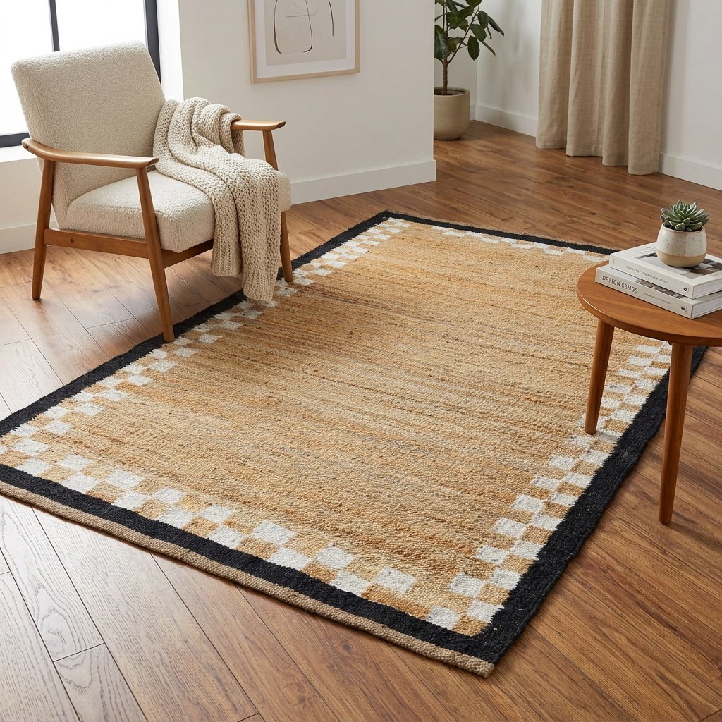 Juteteppich mit karierter Bordüre Jute rug with checkered border