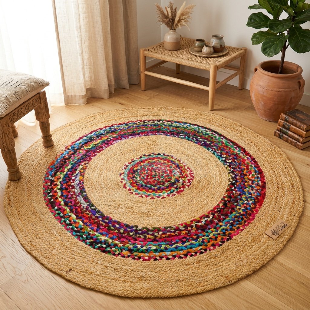 Geflochtener Juteteppich in Natur und Chindi Natural and chindi braided target jute rug