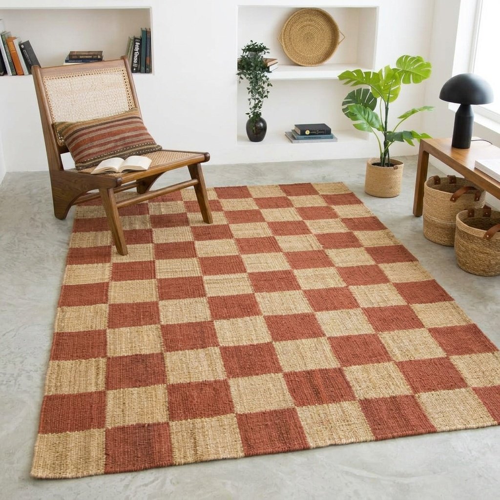 Karierter Teppich aus Hanf und Jute in Natur und Rost Natural and rust hemp jute checkered rug