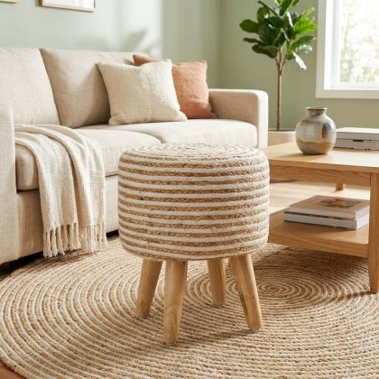 Natural and white cotton jute pouf ottoman