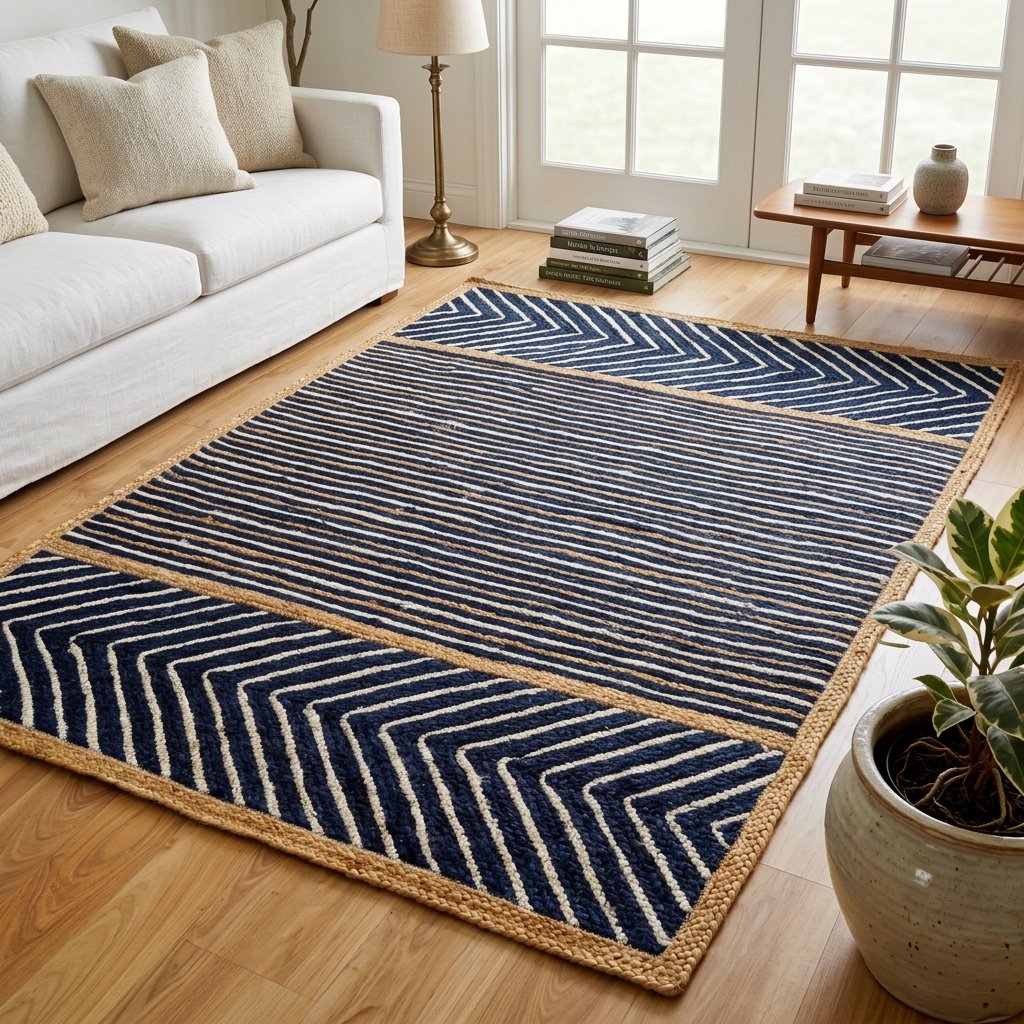 Marineblauer und weiß gestreifter Jutevorleger Navy and white striped jute area rug