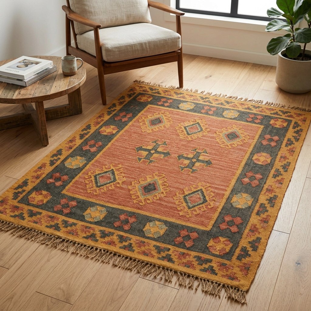 Orangefarbener Kelimteppich aus Wolle und Jute Orange wool and jute kilim area rug