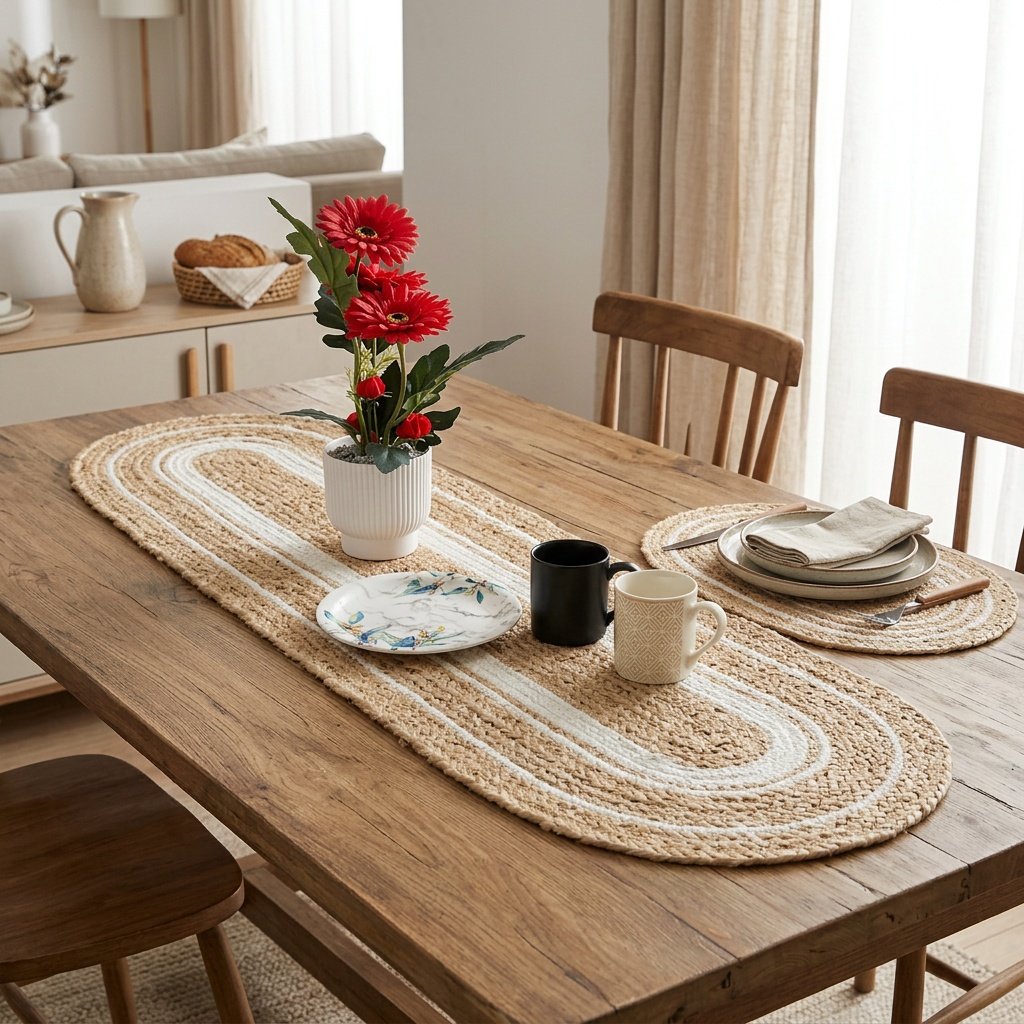 Ovaler Jute-Tischläufer und Tischsets mit weißer Bordüre Oval jute table runner and placemats with white trim
