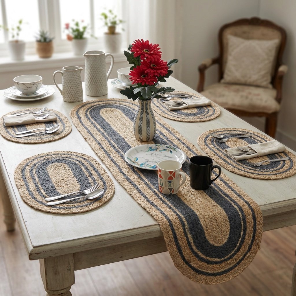 Ovaler Tischläufer und Tischsets aus Jute Oval jute table runner and placemats