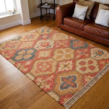 Red trellis pattern cotton and jute rug