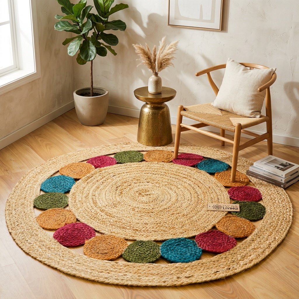 Runder farbiger Medaillon-Teppich aus Jute Round coloured medallion jute rug