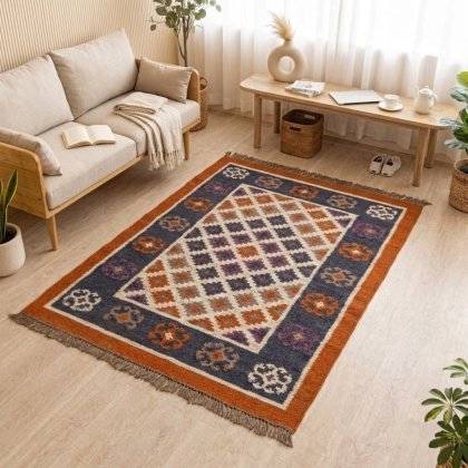 Rust border wool and jute rug
