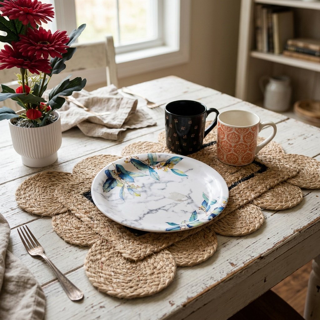 Tischsets aus Jute mit Bogenkante und schwarzer Verzierung Scalloped jute placemats with black trim