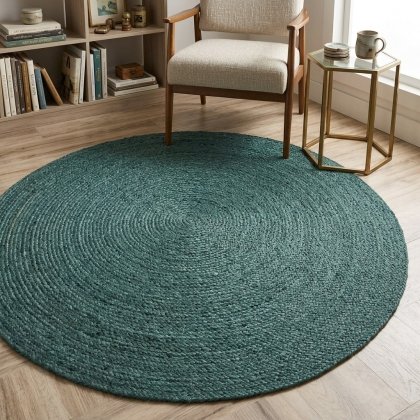 Teal green braided round jute rug