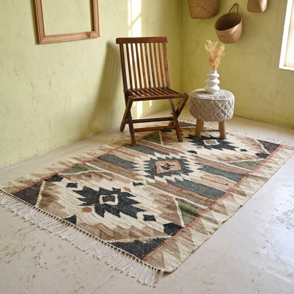 Vintage Kelimteppich aus Baumwolle und Jute Vintage cotton and jute kilim rug