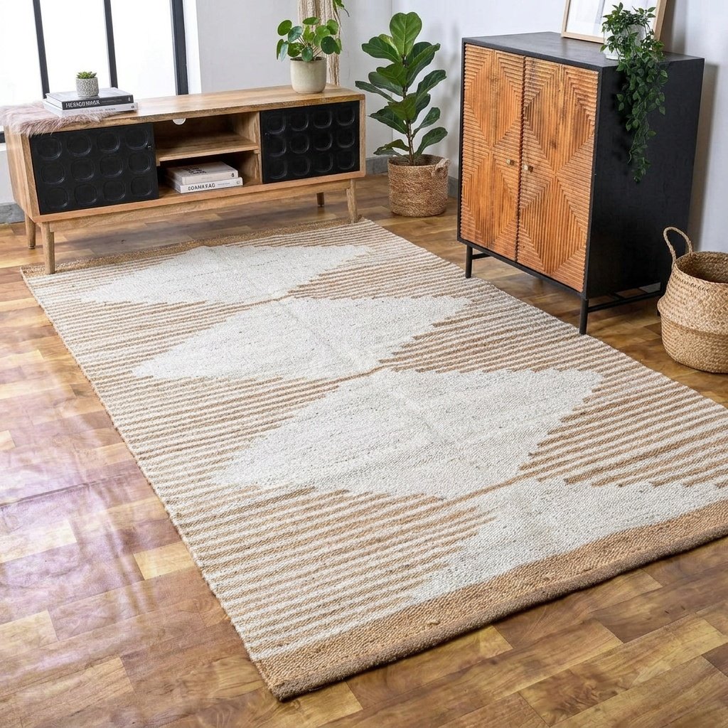 Weißer Juteteppich Rautenmuster White jute rug diamond pattern