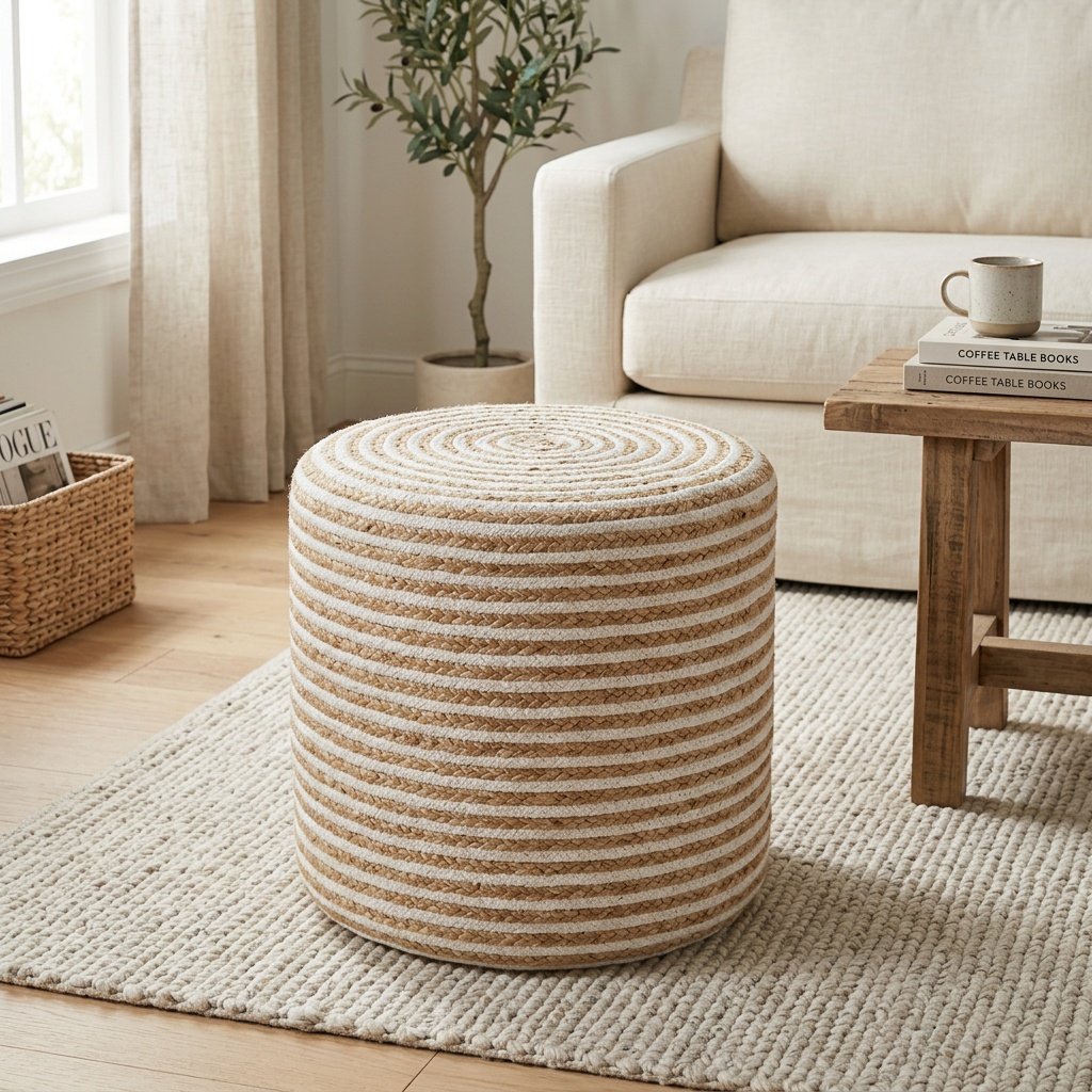 Weiß gestreifte Ottomane aus geflochtener Baumwolle und Jute White striped braided cotton and jute ottoman