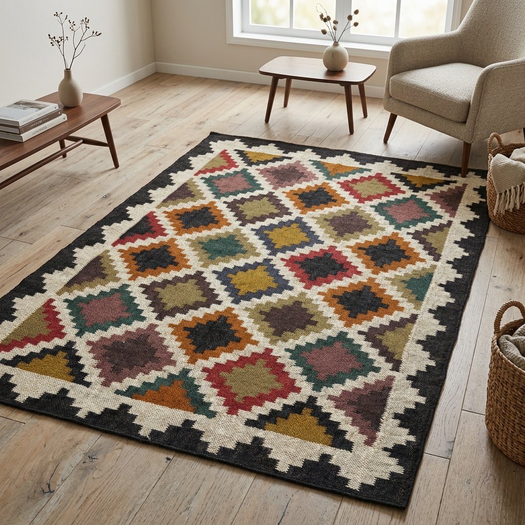 Jute-Kelim-Teppich aus Wolle mit Rautenmuster Wool jute kilim rug with diamond pattern