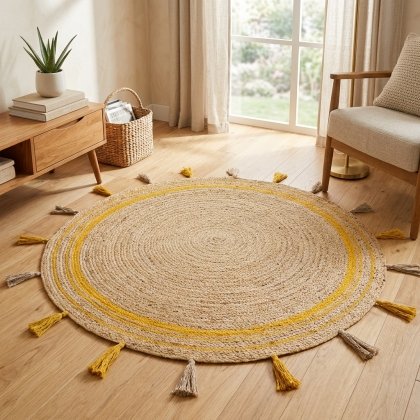 Yellow trim braided round jute rug with tassels