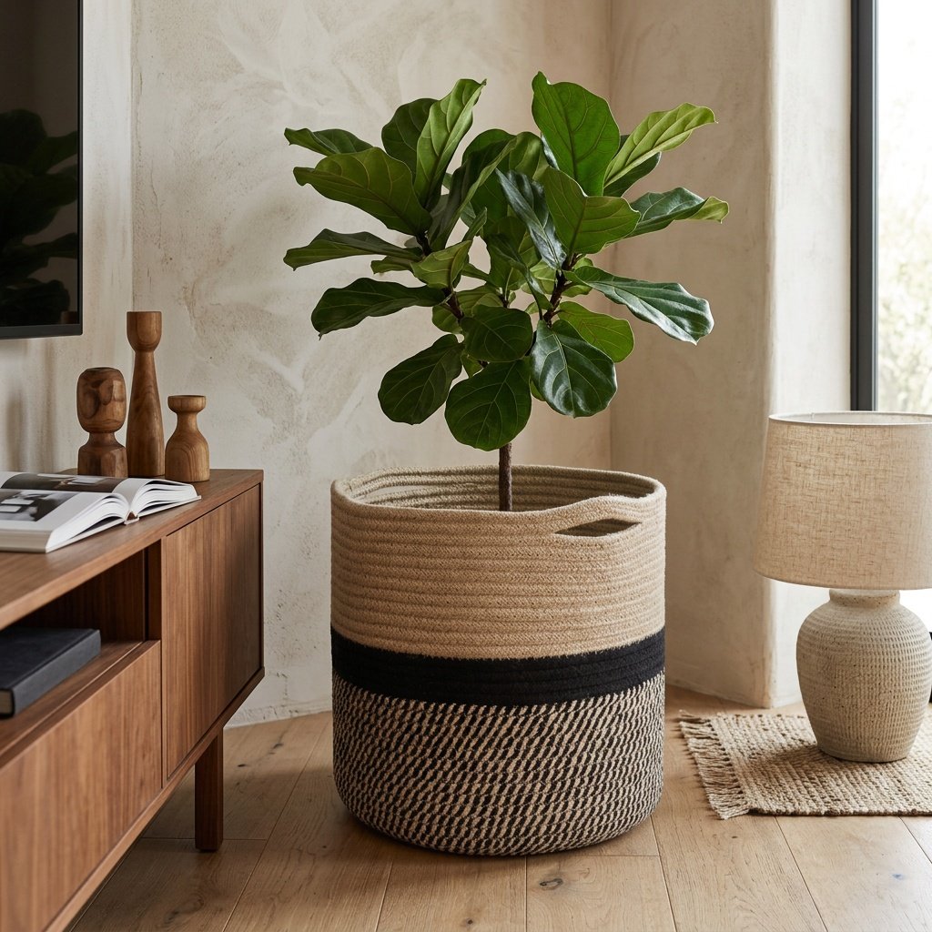 Pflanzenkorb aus schwarzer und natürlicher Jute Black and natural jute plant basket