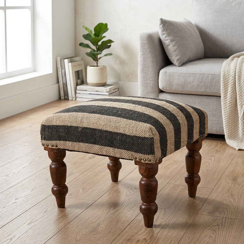 Schwarz gestreifter Jute Fußhocker Ottomane Black striped jute footsool ottoman