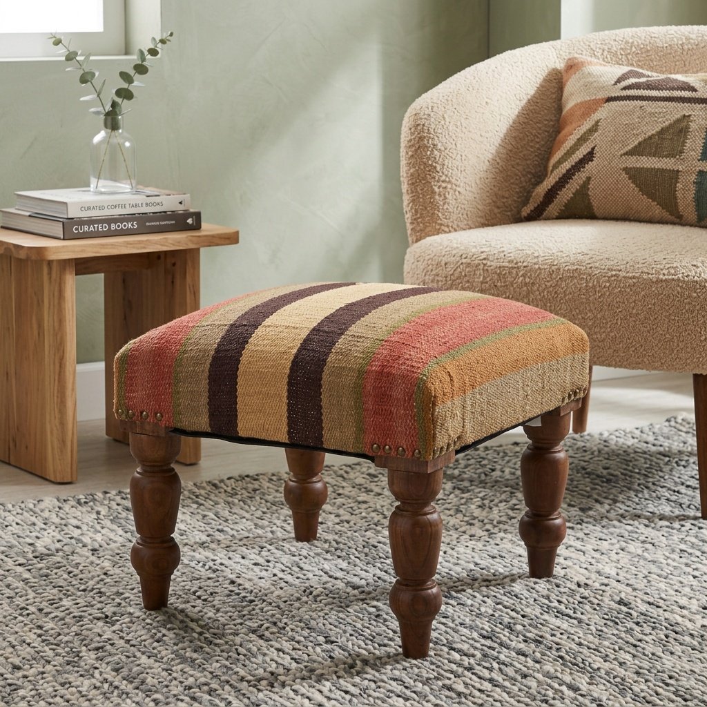 Hocker aus Jute und Wolle mit farbigen Diamanten Coloured diamond wool and jute ottoman