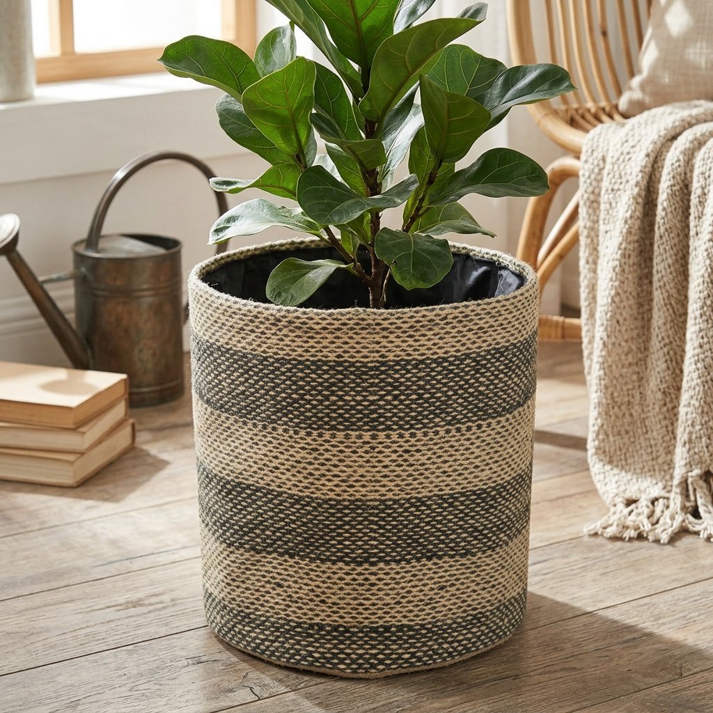 Grün gestreifter runder Korb aus Jute Green stripe jute round basket