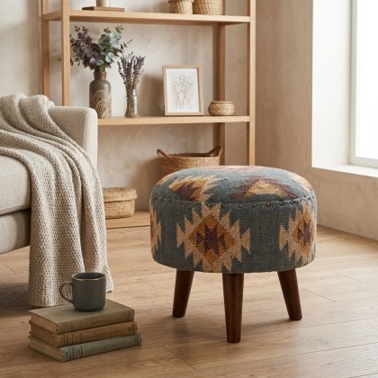 Grey round wool and jute kilim ottoman