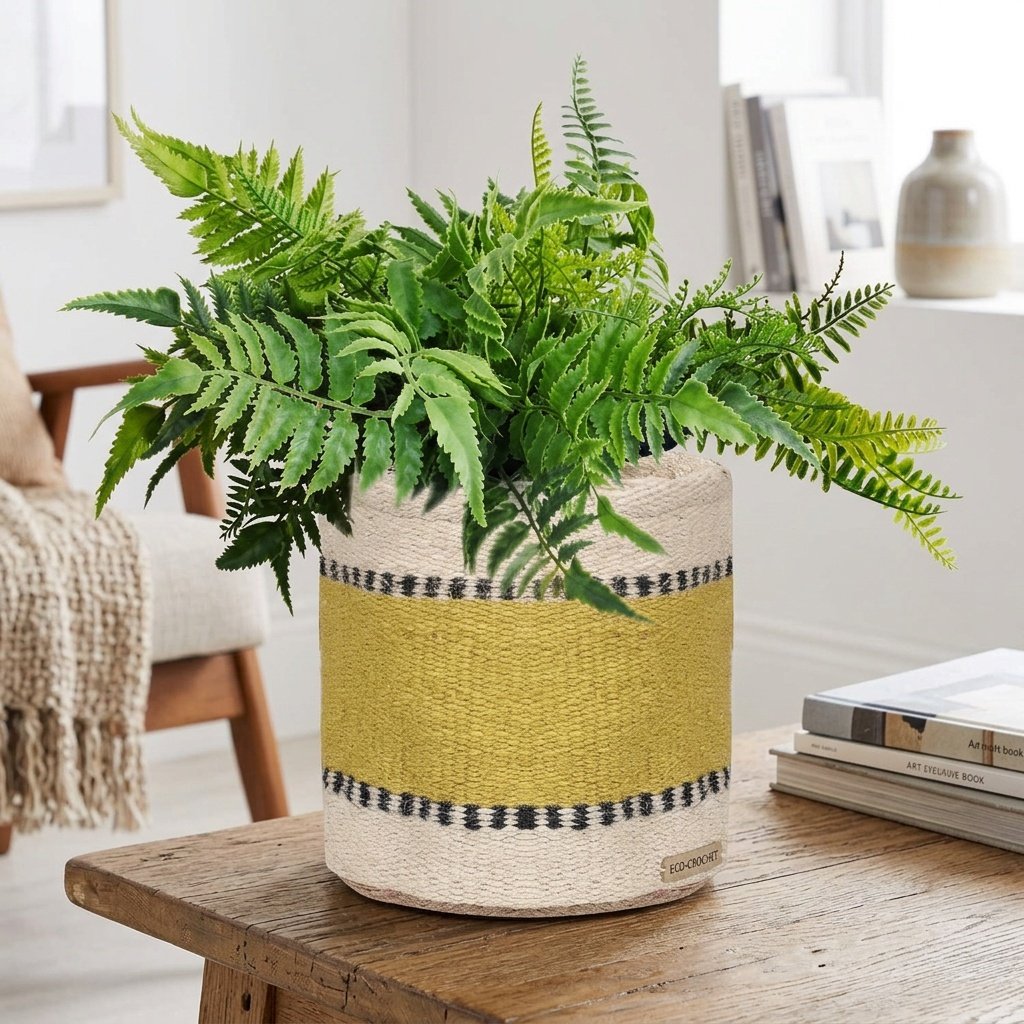 Korb aus elfenbeinfarbener und gelber Jute Ivory and yellow jute basket
