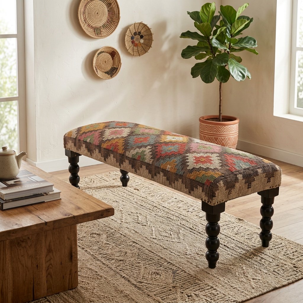 Mehrfarbige Diamant-Woll- und Jute-Sitzbank Multicolor diamond wool and jute ottoman bench