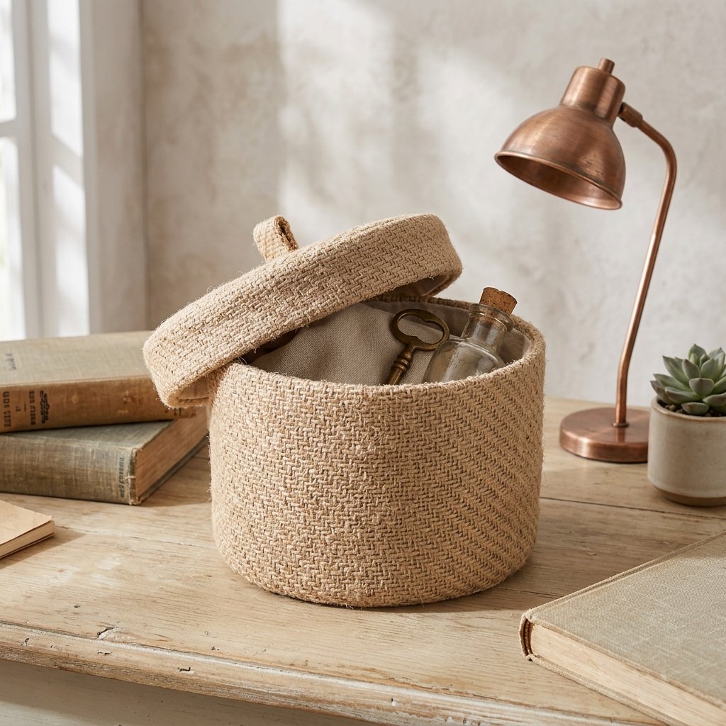 Runder Korb aus natürlicher Jute mit Deckel Natural jute round basket with lid