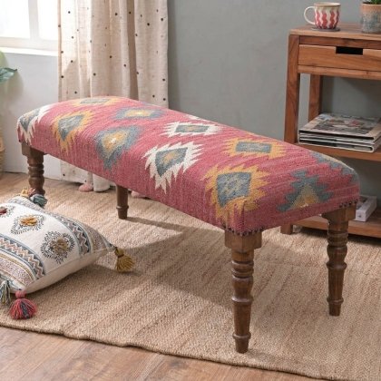 Red navajo wool and jute kilim ottoman bench